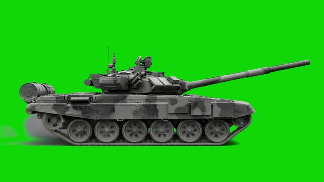A highly detailed 3D animation of a modern T-90 main battle tank with reactive armor blocks driving forward in a side profile view against a solid green screen. Excellent for modern military documenta