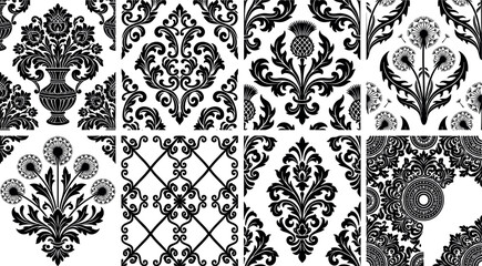 Black Vintage Floral Damask Pattern Set Vector Illustration For Baroque Decoration Wedding Invitation And Elegant Design Elements © MstAduri