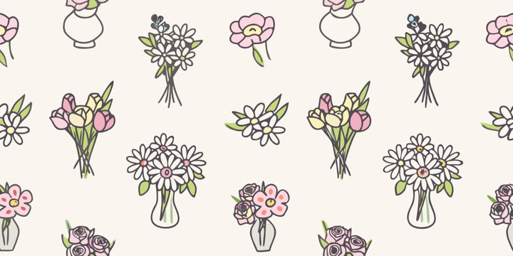 floral pattern with sketched bouquets and flowers on cream background