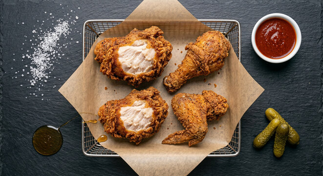 A symmetrical top-down "flat lay" of a rustic wire basket filled with four pieces of assorted fried chicken (wing, drumstick, thigh, breast) resting on greaseproof brown parchment paper. 