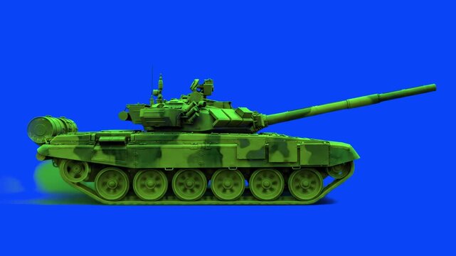 A detailed 3D realistic model of a T-80 main battle tank painted in distinct green camouflage, shown from a side profile view. This heavy armored military vehicle asset with explosive reactive armor i