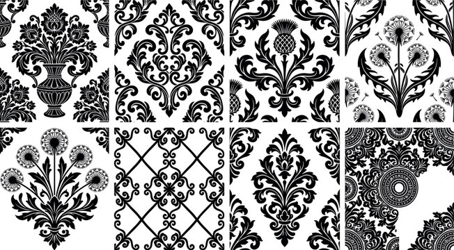 Black Vintage Floral Damask Pattern Set Vector Illustration For Baroque Decoration Wedding Invitation And Elegant Design Elements