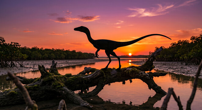 A dramatic silhouette of a turkey-sized Compsognathus standing on a mossy log at sunset. 
