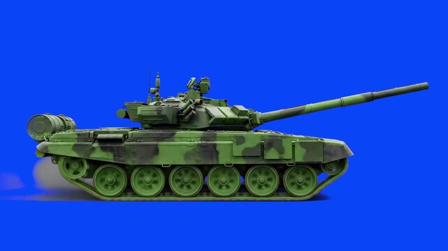 A heavy military combat tank with a camouflage pattern rotating its tracks and moving in place. Huge clouds of dust and sand smoke pour out from the continuous tracks to simulate battlefield motion ag