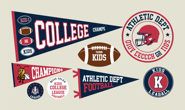 College football retro pennant flags and athletic badges vector set for kids clothing print
