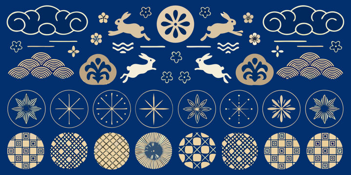 traditional japanese motifs pattern with rabbits and floral elements