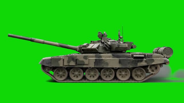 A highly detailed 3D animation of a modern T-90 main battle tank with reactive armor blocks driving forward in a side profile view against a solid green screen. Excellent for modern military documenta