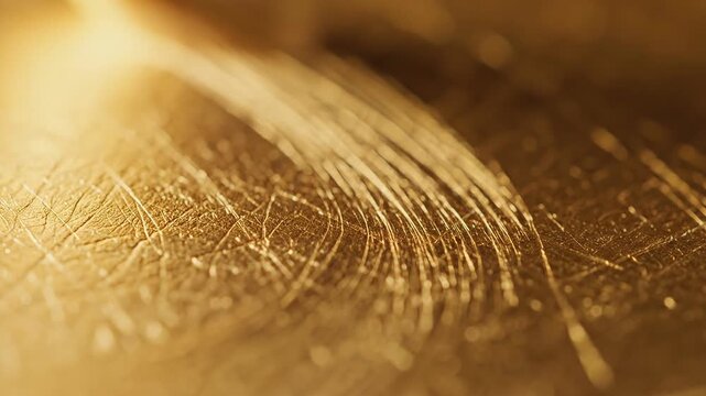 Golden light shines on scratched metal surface with curves and lines