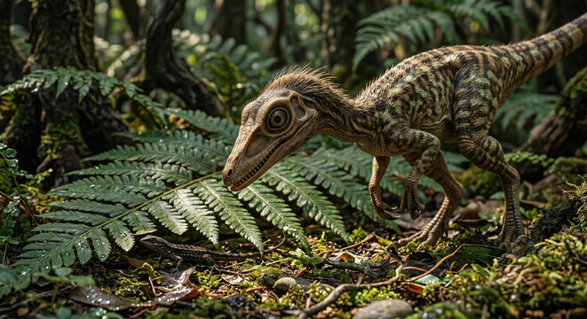 A dynamic eye-level shot of a Compsognathus frozen mid-stalk, its gaze locked onto a small lizard hiding under a giant fern leaf on a sunlit forest floor. 