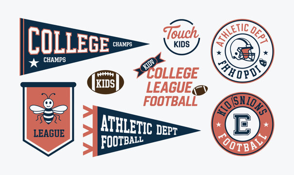 College football pennant flags and athletic badges vector set for kids apparel t-shirt design