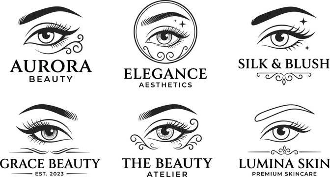 Beauty salon logo templates vector set featuring elegant female eyes eyebrows and eyelashes for eyelash extensions and microblading branding.