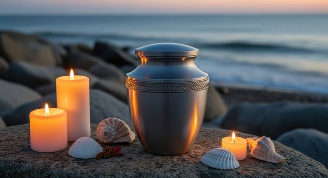 A dignified cremation urn rests on a rocky beach at sunset, surrounded by memorial candles and seashells, symbolizing remembrance and eternal peace by the ocean.