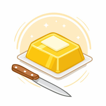 Butter block with knife on plate, cartoon style