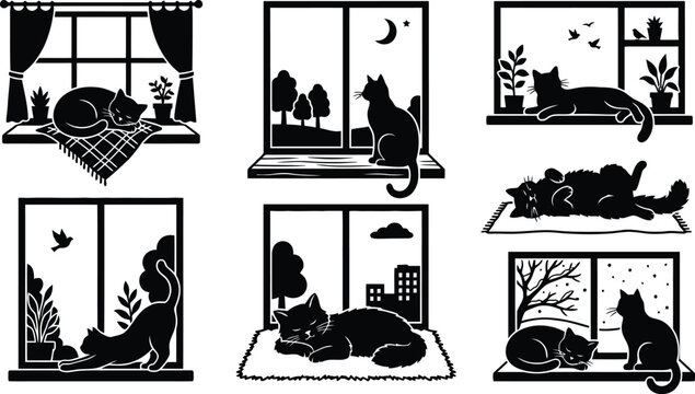 Cats relaxing by windowsill illustrations isolated on white background, Vector