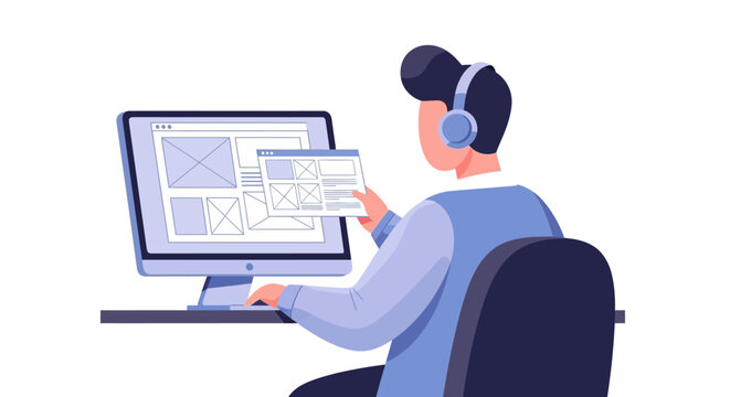 Man wearing headphones working on a computer screen with wireframes.
