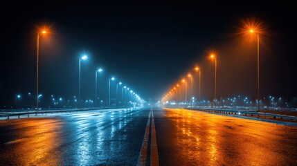 Fototapeta premium Nighttime Road with Illuminated Streetlights and Reflections on Wet Asphalt in Urban Environment