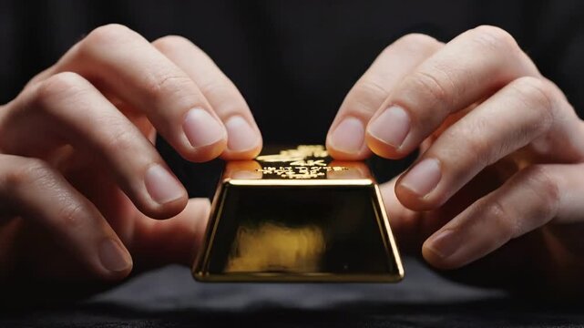 Person holds small gold box with hands on table indoors