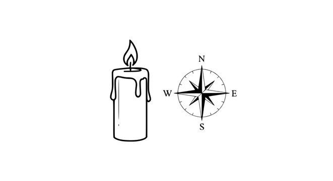 Candle with flame and compass.