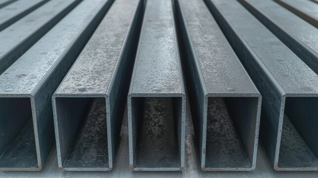 Metal rectangular hollow sections aligned, industrial material, construction and engineering background