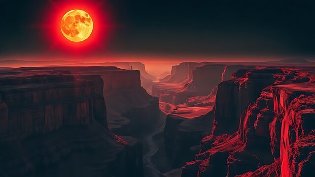 A stark black-and-red canyon landscape with impossible depth under an alien sun.