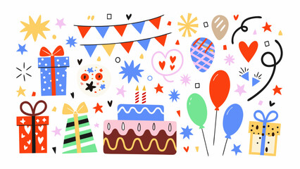 Fototapeta premium festive party elements illustration with balloons cake and gifts