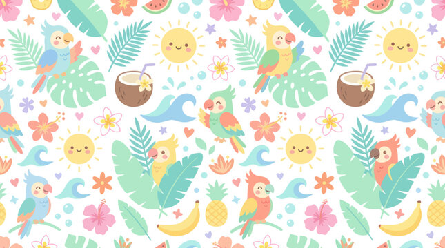 Cute Flat Cartoon Tropical Summer Vacation Seamless Pattern Illustration with Parrots, Sun, and Floral Elements