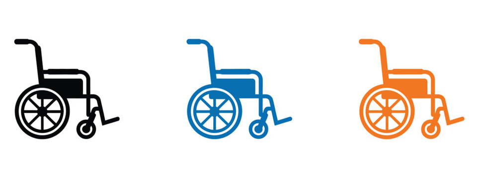 Wheelchair Icon, modern accessibility symbol collection featuring black, blue, and orange outline designs, isolated illustration ideal for healthcare, disability support, and public access concepts.