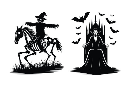 Scarecrow riding a skeleton horse in grass next to a vampire queen on a spiky throne