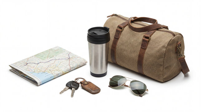 Road trip essentials: map keys travel mug sunglasses duffel bag with essentials stainless sunglasses adventure navigation transportation accessory collection composition background isolated