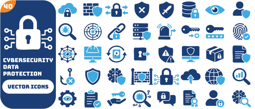 Data driven cybersecurity and Data Protection solid icon set. Featuring cloud security, network firewall, data encryption, and fraud prevention. Vector icons for IT security and computer safety.