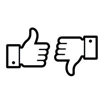 Thumbs up and thumbs down hand gesture line icon set isolated black outline feedback rating review and customer response concept design