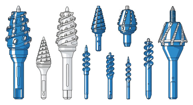 Vector illustration of a diverse collection of different industrial drilling and cutting tools, featuring various bit designs for mining and construction tasks