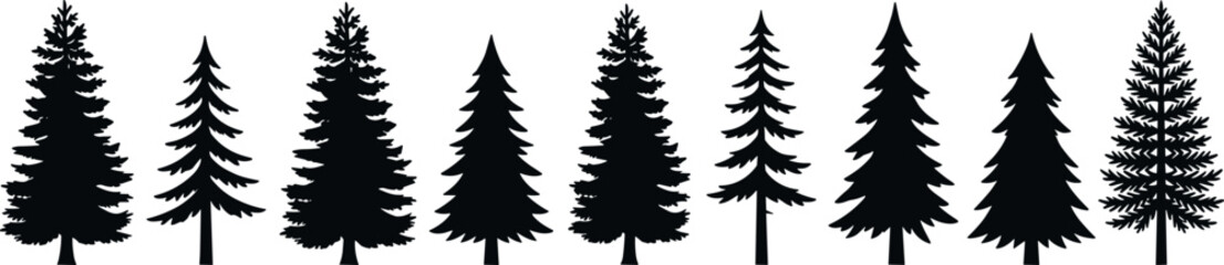 Obraz premium Black Pine Tree Silhouette Set Minimal Vector Illustration For Evergreen Forest Nature And Landscape Design Elements