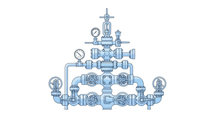 Obraz premium Vector illustration of a complex industrial oil and gas wellhead control system, showcasing pressure gauges and valves on white background