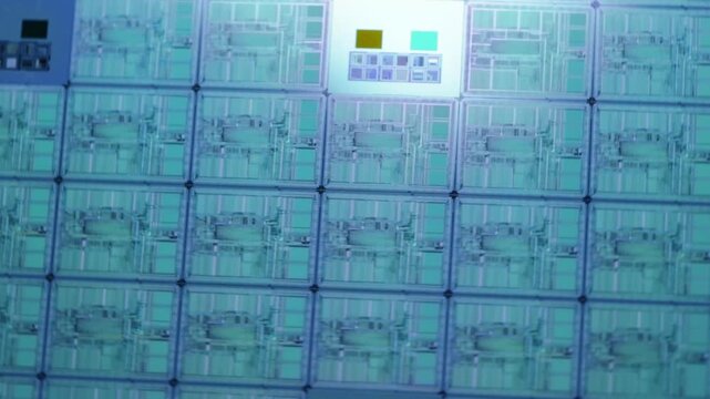 Microchip fabrication process on silicon wafer representing extreme ultraviolet lithography and advanced semiconductor cleanroom manufacturing in 4K Ultra HD footage

