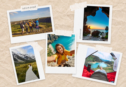 Polaroid Photo Scrapbook Mockup Template, Instant Film Picture Border Collage & Moodboard Mock Up