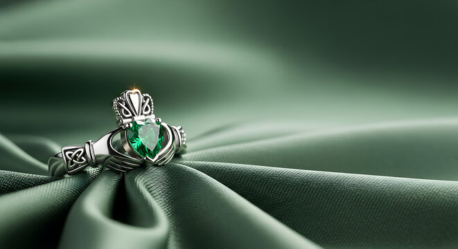 Silver claddagh ring with green heart gemstone on silk fabric