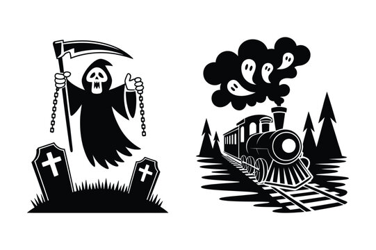 Grim reaper with scythe in cemetery and spooky ghost train silhouette for halloween