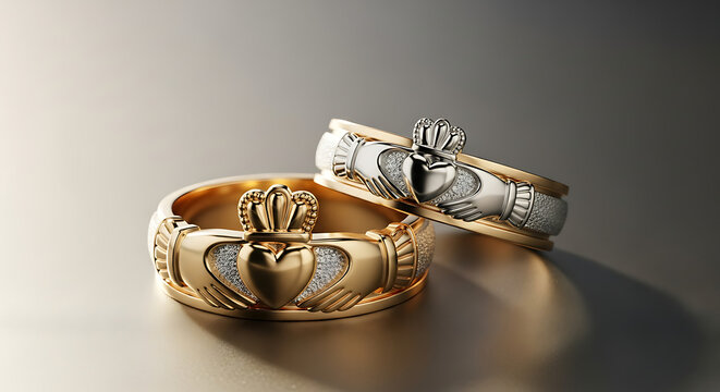 Elegant gold and silver claddagh rings on a neutral background