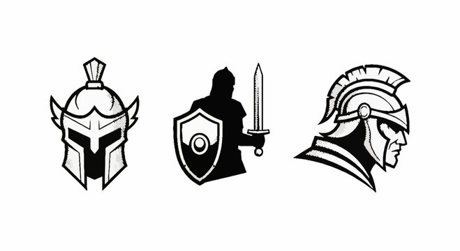 Spartan and roman warrior helmet icons with sword and shield