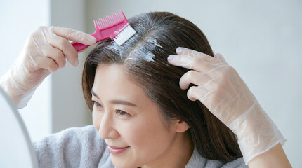 Fototapeta premium 白髪染めをするミドル女性 自宅でヘアカラーや髪のセルフケア・エイジングケアをする様子