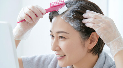 Naklejka premium 白髪染めをするミドル女性 自宅でヘアカラーや髪のセルフケア・エイジングケアをする様子