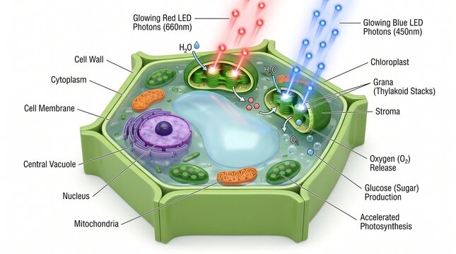 3D Microscopic Diagram of LED Photon Absorption in Plant Chloroplasts
