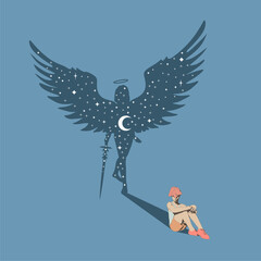 Obraz premium Illustration of a beautiful woman sitting on floor. Young attractive woman and her fantasy shadow as woman angel with huge bird wings. Moon and stars.