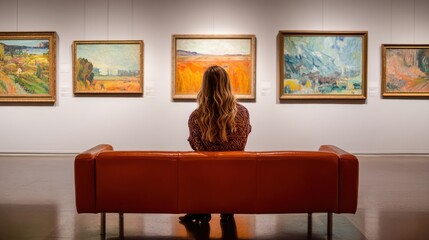 Fototapeta premium Rear view of young woman sitting on couch and looking at paintings on the wall, she enjoying art in gallery
