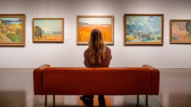 Rear view of young woman sitting on couch and looking at paintings on the wall, she enjoying art in gallery