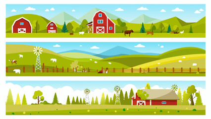 Three idyllic farm scenes depict rural life with barns animals and fields © ShambhuNath