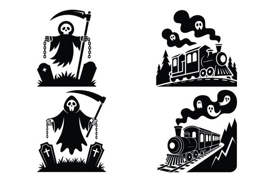 Halloween grim reaper with scythe and haunted steam train ghosts silhouette vector