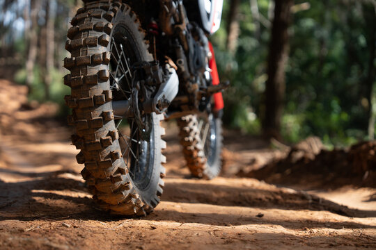 Close up of dirt bike tire on muddy forest trail, showcasing rugged terrain and adventure