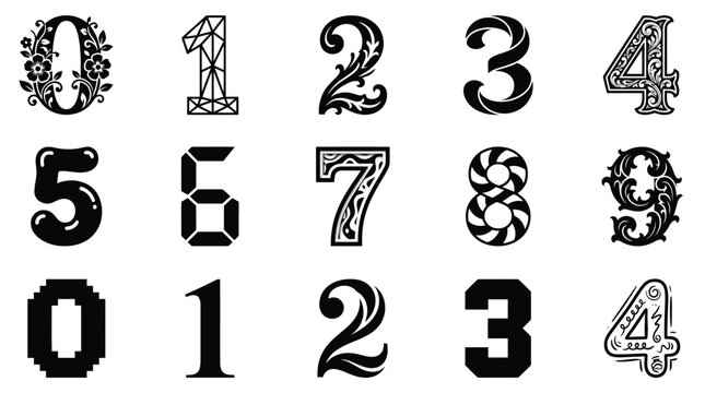Collection of stylized numbers from zero to nine, presented in various decorative fonts and styles.